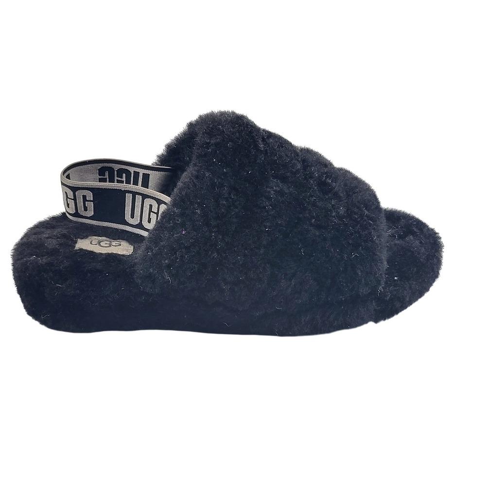 UGG Fluff Yeah Slide Sandals Black‎ Womens Size 5 Furry Sheepskin Slippers